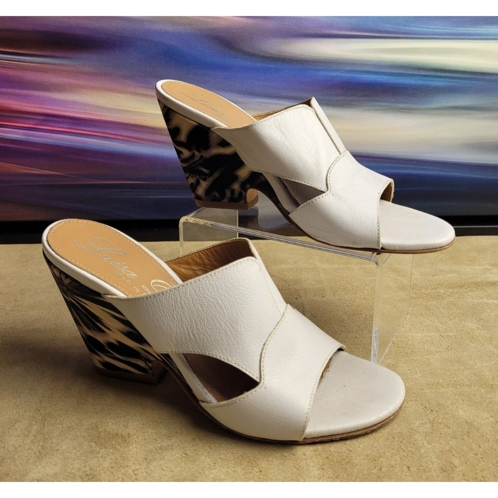 Luisa D'orio 80's Wedge, White w/ animal print heel, Made in Italy, All Leather